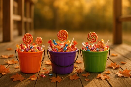 Colorful candy buckets on rustic porch with autumn leaves festive Halloween still life