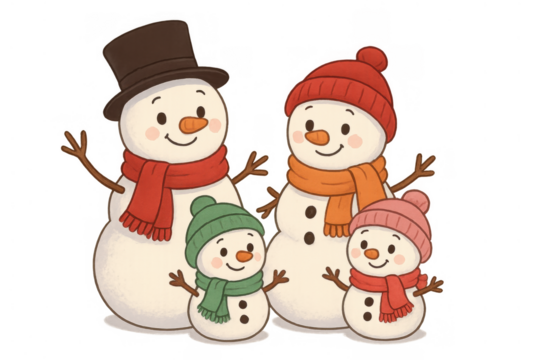 Snowman family featuring parents and two happy children celebrating winter holidays, cartoon illustration with transparent background