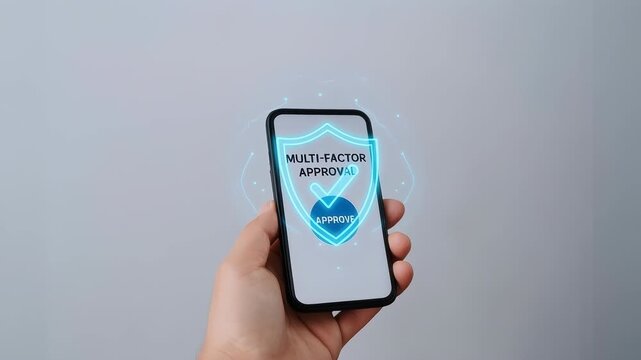 Multi factor approval smartphone hand interaction enhances digital security with shield authentication protecting against cybersecurity threats