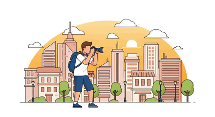 Vector Illustration of Photographer with Cityscape in Modern Minimalist Style Featuring Buildings and Trees in Warm Sunset Colors