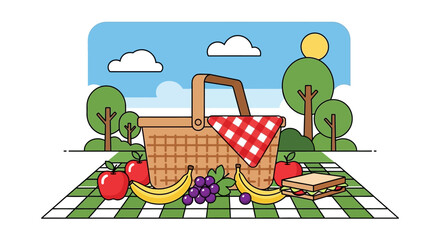 Vector Illustration of Picnic Basket with Fruits and Blanket in Modern Organic Style Featuring Bright Colors