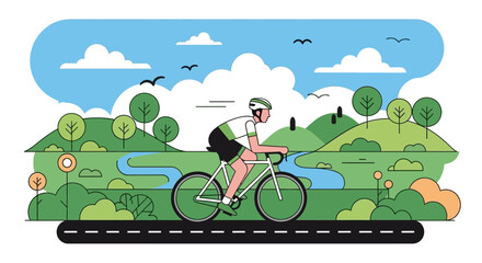 Minimalist Vector Illustration of Cyclist Riding Through Scenic Landscape in Modern Flat Style Bright Colors