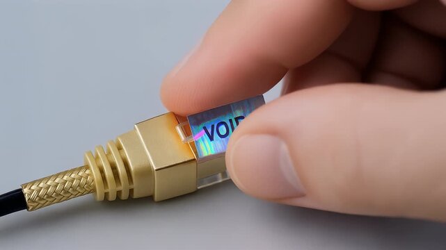 Network cable security seal void removal and placement by hand illustrating AI cybersecurity threat defense technology protection concept