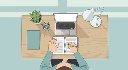 Minimalist Vector Illustration of a Workspace with Desk Accessories and Laptop in Modern Style