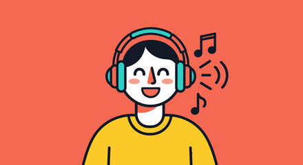 Vector Illustration of Happy Person Listening Music with Headphones in Minimalist Style in Bright Colors