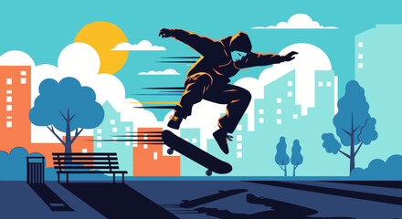 Modern Vector Illustration of Skateboarder in Dynamic Pose with Urban Park Scene in Bright Colors