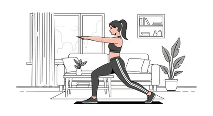 Minimalist Vector Illustration of Woman Practicing Yoga in Living Room in Modern Style with Neutral Colors