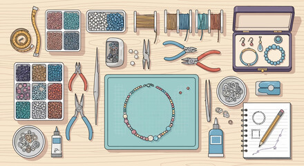 Vector Jewelry Making Crafting Pattern with Beads Tools and Accessories in Modern Organic Style