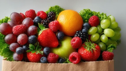 Fresh fruit medley spilling from a brown paper bag, perfect for healthy eating, vibrant lifestyle, and summer recipes showcasing nature's bounty