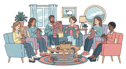 Vector Illustration of People Knitting in Cozy Living Room in Modern Minimalist Style with Soft Pastel Colors
