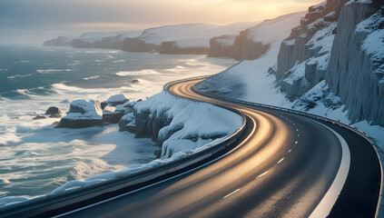 Winding road along a snowy coastline winter landscape with icy cliffs ideal for travel and adventure themes