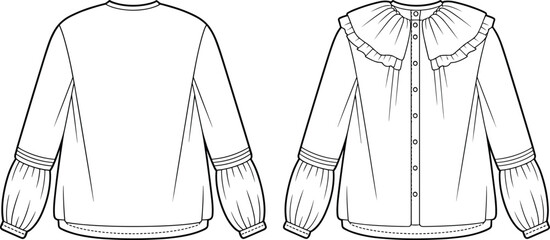 Women’s blouse sketch, fashion technical drawing, front and back view, ruffled collar, puff sleeves, button back, gathered cuff, garment illustration, apparel template, vector outline