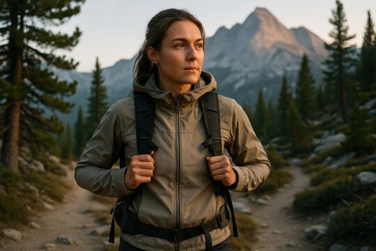 Determined woman hiker pausing on alpine trail windswept pines and distant granite
