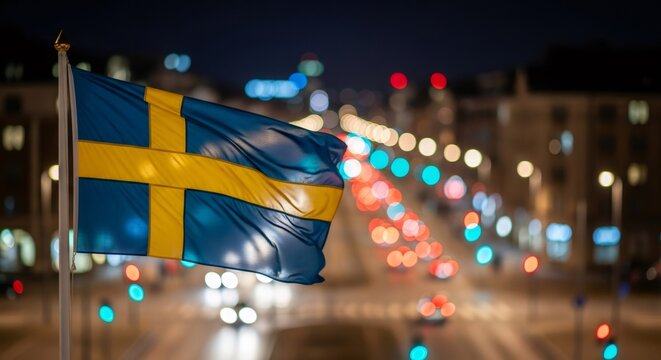 Sweden flag waving at night with city lights. Swedish national symbol against blurred urban bokeh background for national holiday celebration.