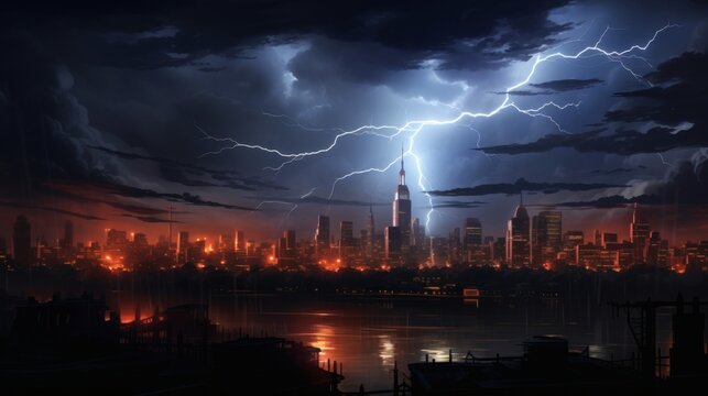 Lightning storm over a city skyline at night