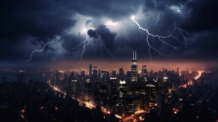 Obraz premium Night cityscape with dramatic lightning storm