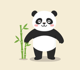 Obraz premium An adorable vector illustration of a happy cartoon panda. The cheerful panda is standing upright with a big smile and rosy cheeks, next to two bright green bamboo stalks. This cute, simple, and minima