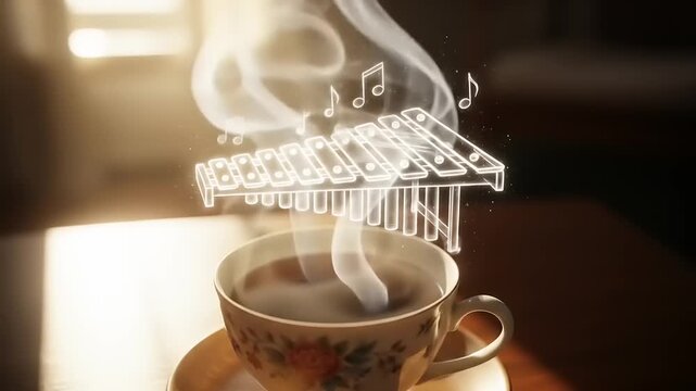 Steaming hot coffee with musical notes rising from the cup, creating a harmonious morning scene.