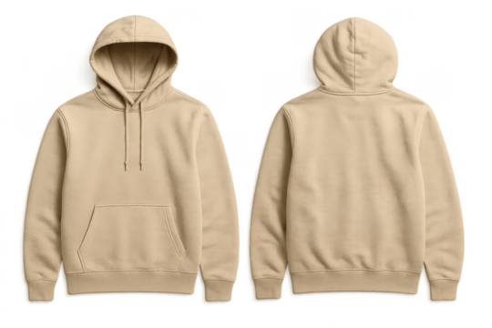 Blank beige hoodie mockup front and back isolated on pure white ultra high resolution