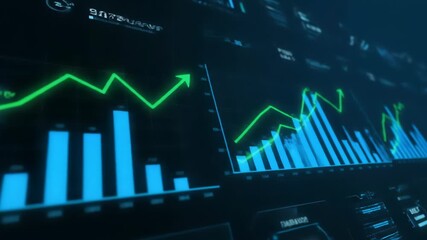 A futuristic digital interface displays various financial charts and graphs with a prominent upward trend indicated by a glowing green line against a dark, abstract background. - Powered by Adobe