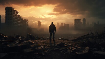 Fototapeta premium Lone figure stands amidst the ruins of a city at sunset