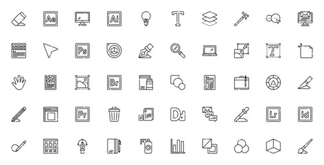 Graphic Designer icon set. Vector tools collection. ncludes symbols for Pen tol, Layers, Adobe, Type, Coor palette, Magic wand, Arboard and more.