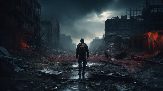Lone figure walking through a war-torn city street