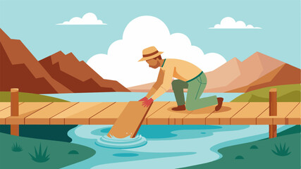 Obraz premium A maintenance worker in khaki overalls can be spotted fixing a wooden walkway that leads to the hot springs ensuring the safety of all guests.. Vector illustration