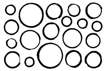 Set of hand drawn marker line circles of varying sizes with jagged, ragged edges. Vector frames, text highlighters, templates, accents, textures, imprints, paint splatters, circles, and ellipses.