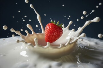 Juicy strawberry splashing into creamy milk creating a refreshing splash