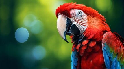 Fototapeta premium Scarlet macaw perched on a branch, vibrant red and blue feathers against a blurred green background