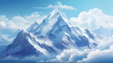 Majestic snow-capped mountains rise above fluffy clouds under a vibrant blue sky