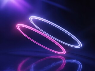 Two glowing neon rings reflecting on a dark surface with purple light