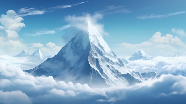 Majestic snow-capped peaks rise above a sea of clouds under a vibrant blue sky
