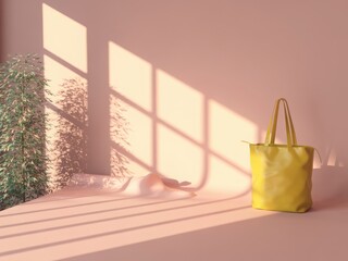 Yellow tote bag bathed in warm sunlight casting geometric shadows on a pink wall