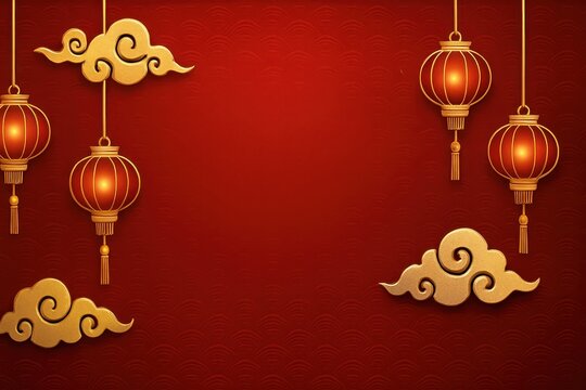 Festive lunar new year backdrop with gold clouds lanterns and wave patterns in crimson