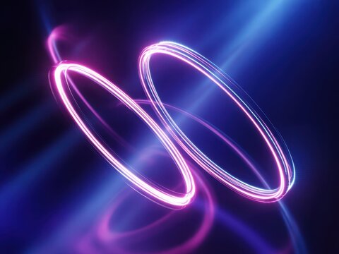 Abstract glowing neon circles with light trails on a dark background - Powered by Adobe