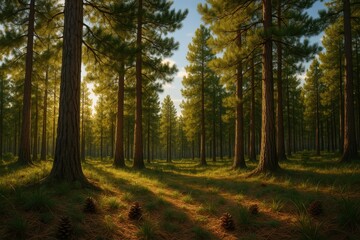 Fototapeta premium Majestic pine trees standing tall in forest with sunlight filtering through green needles creating natural beauty