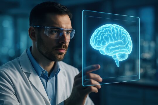 Medical researcher in lab studying brain imaging advanced neuroscience discovery concept