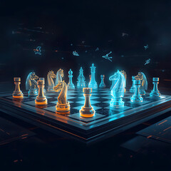 A digital illustration of a chessboard featuring futuristic holographic pieces suspended in midair, showcasing an intense game. The scene is characterized by a neon blue and orange glow, presented in 
