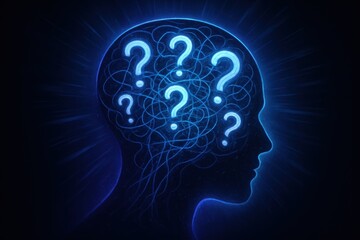 Obraz premium Overwhelmed mind silhouette with swirling question marks and tangled thoughts in motion