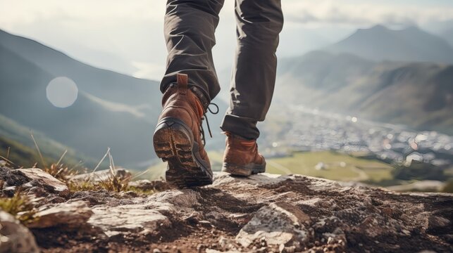 Person hiking on rocky mountain trail overlooking valley - Powered by Adobe