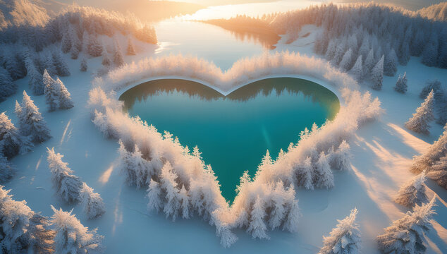 Heart-shaped lake surrounded by snow-covered trees a romantic winter landscape perfect for Valentines Day or seasonal greetings