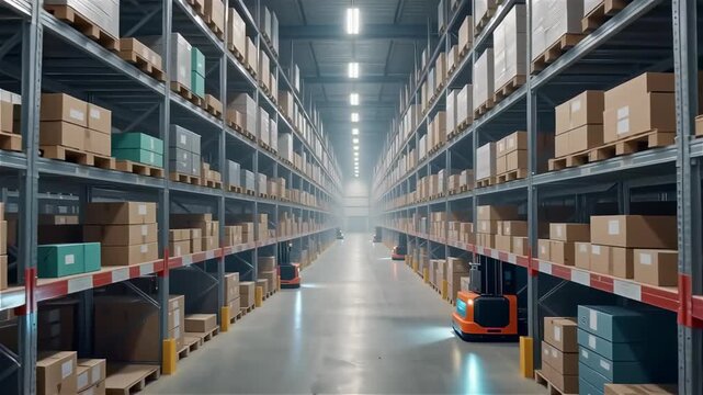 Interior of a vast warehouse filled with rows of shelves stocked with goods and an automated forklift moving through the aisle, concept for supply chain management, logistics and distribution - Powered by Adobe