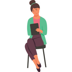 Young Woman Sitting On Chair Holding Tablet Wearing Teal Cardigan Pink Top And Purple Pants With Hair Bun And Closed Eyes