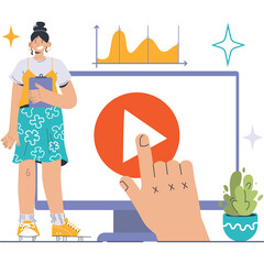 Young Woman Standing Beside Computer Monitor Displaying Play Button and Business Graph with Abstract Stars and Plant Decoration Illustration