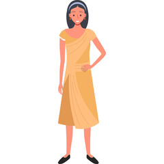 Young Woman Standing Smiling Wearing Traditional Orange Dress and Black Shoes with Hairband and Earrings on White Background