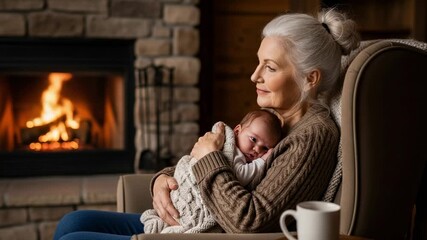 Happy senior grandmother holding and cuddling her newborn baby grandchild in a cozy living room by a warm fireplace - Powered by Adobe