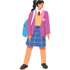 Young Woman Student Wearing Pink Blazer Blue Plaid Skirt and Backpack Standing and Looking Away Smiling Brightly