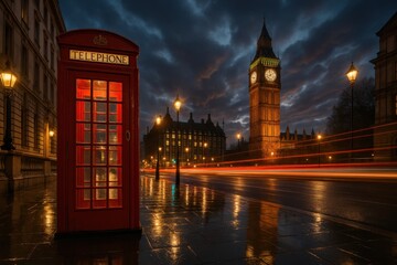 Obraz premium Red telephone booth beside historic clock tower at dusk with glowing city lights